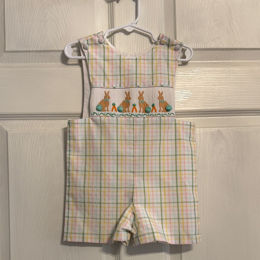 Shrimp and Grits Kids Plaid Pastel Bunny Smocked Jon Jon Shortalls